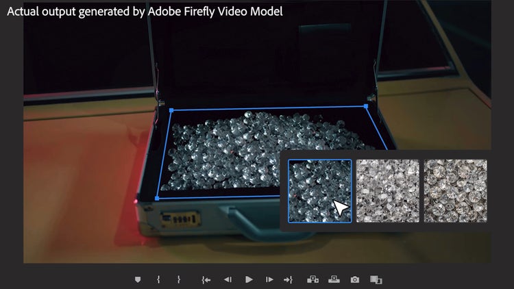 AI for Pro Video – Video frame of gems in case with Generative option selector image