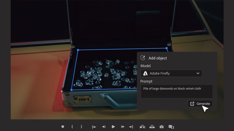 AI for Pro Video – Video frame of gems in case with Generate overlay UI image