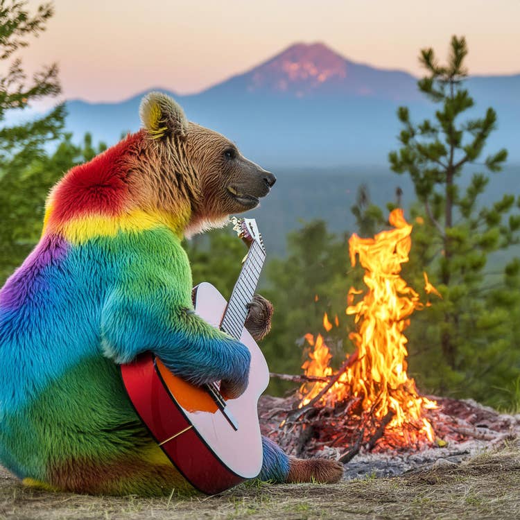 Adobe Firefly - Multi-colored bear playing guitar at campfire image
