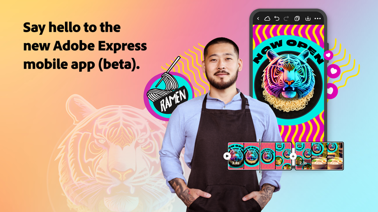 Adobe Express mobile – Man in apron and phone iamge