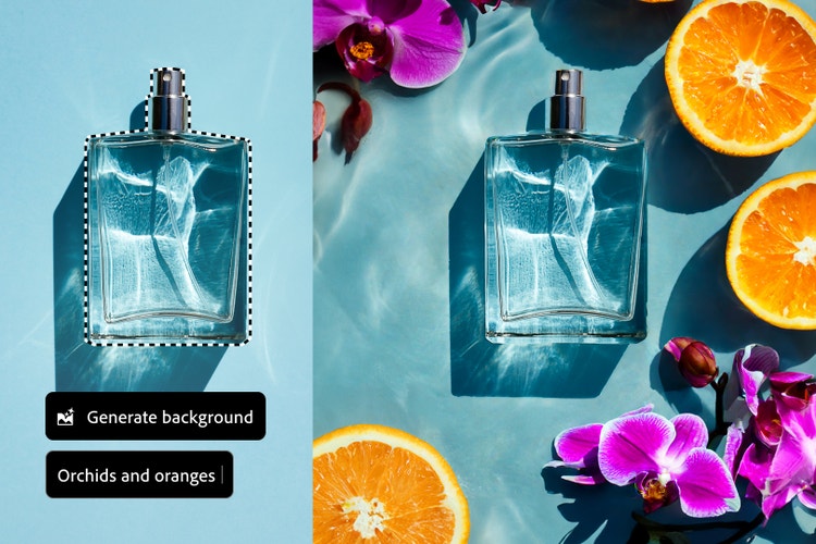 Adobe Photoshop Gen AI fill – Perfume bottle background update image