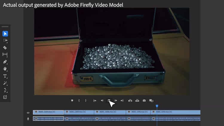 AI for Pro Video – Video frame of gems in case with timeline image