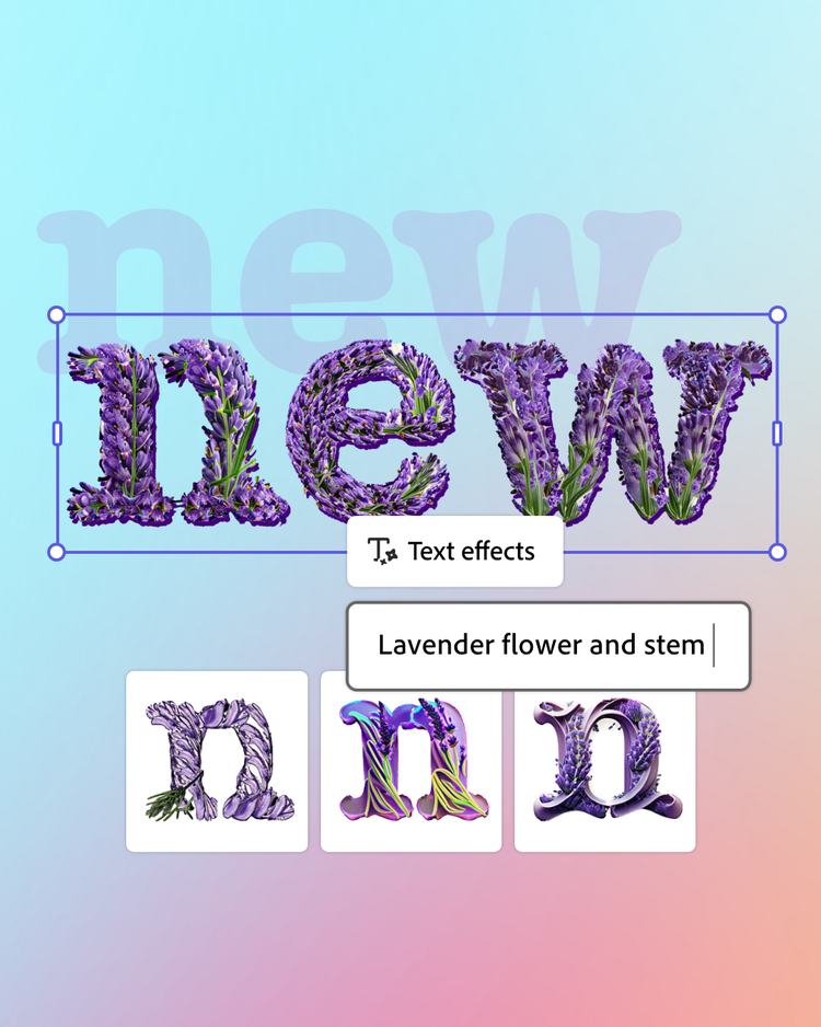 Adobe Express mobile app with Firefly – Mock lavender lotion asset with text prompt on gradient background image