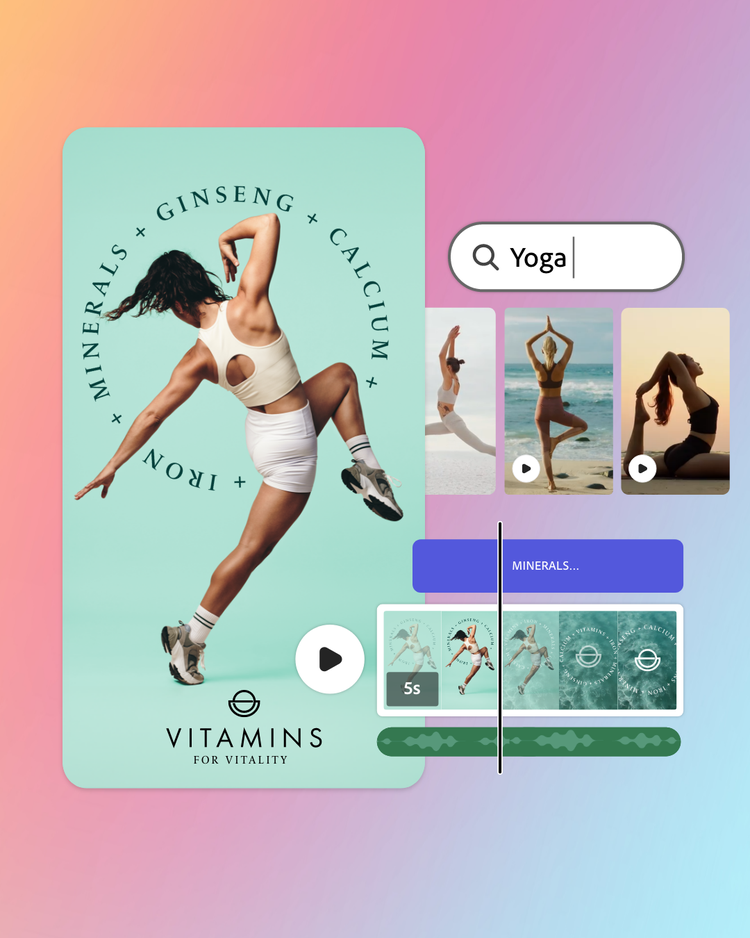 Adobe Express mobile app with Firefly – Mock yoga asset phone & desktop on gradient background image