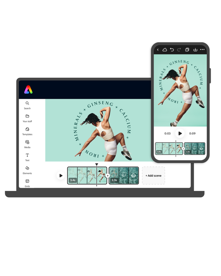 Adobe Express mobile app with Firefly – Mock yoga asset phone & desktop image