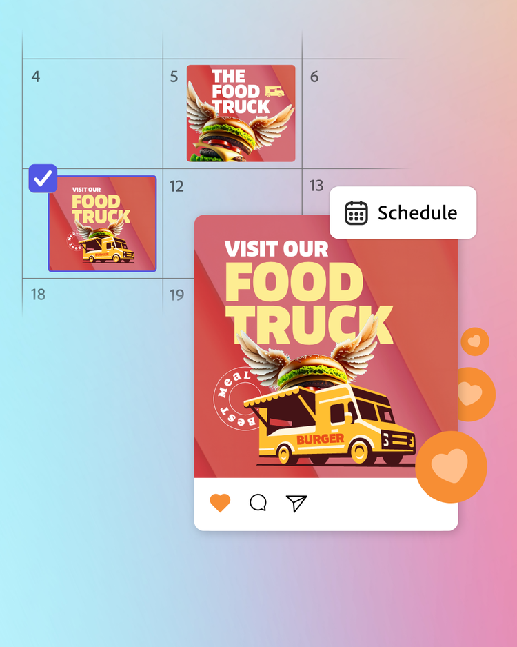 Adobe Express mobile app with Firefly – Mock yoga asset schedule option on gradient background image
